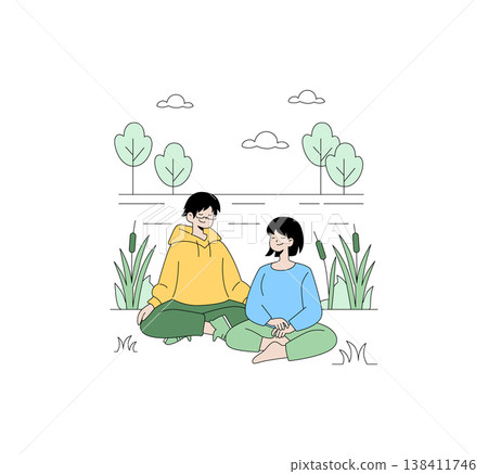 Vector illustration of two people meditating outdoors, sitting cross-legged near a lake. Surrounded by serene nature, both embody calmness and relaxation in this peaceful scene. 138411746