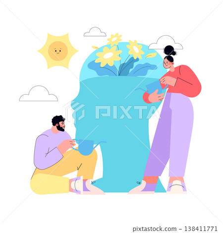 Vector illustration of two people watering flowers inside a head-shaped pot, symbolizing mental growth and nurturing of ideas. The sun and clouds provide a cheerful backdrop. Vector illustration of two people watering flowers inside a head-shaped pot, symbolizing mental growth and nurturing of ideas. The sun and clouds provide a cheerful backdrop. 138411771