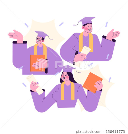 Vector illustration of three happy graduates in caps and gowns, holding diplomas and books while celebrating their achievement. The image captures joyful emotions and academic success. Vector illustration of three happy graduates in caps and gowns, holding diplomas and books while celebrating their achievement. The image captures joyful emotions and academic success. 138411773