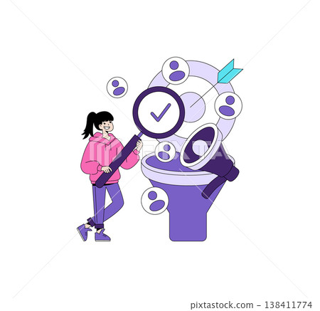 Vector illustration of a person examining a customer funnel using a magnifying glass while smiling. Elements include user icons, a funnel, and a large magnifying glass to represent customer analysis. Vector illustration of a person examining a customer funnel using a magnifying glass while smiling. Elements include user icons, a funnel, and a large magnifying glass to represent customer analysis. 138411774