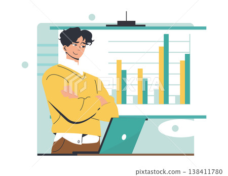 Confident professional stands with arms crossed, analyzing bar graphs on a screen. This vector illustration highlights data analysis, business insights, and modern work environments. 138411780