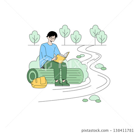 Vector illustration of a person sitting on a log outdoors, enjoying a book amidst nature. Trees and a winding path in the background create a peaceful setting for relaxation. Vector illustration of a person sitting on a log outdoors, enjoying a book amidst nature. Trees and a winding path in the background create a peaceful setting for relaxation. 138411781