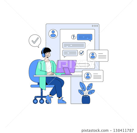 Vector illustration of a person engaging in customer support, using a computer with chat messages visible. The scene conveys a positive and helpful communication environment. 138411787