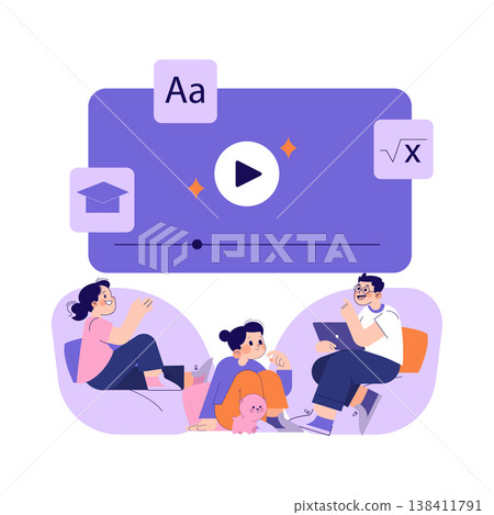 Vector illustration of children engaging in online learning. They interact with educational icons like a play button, mathematical symbols, and a graduation cap, fostering a fun learning experience. Vector illustration of children engaging in online learning. They interact with educational icons like a play button, mathematical symbols, and a graduation cap, fostering a fun learning experience. 138411791