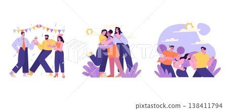 Vector illustration set featuring joyful group celebrations. Scenes depict people enjoying a party with drinks, embracing outdoors under the sun, and collaborating in nature, conveying happiness. 138411794