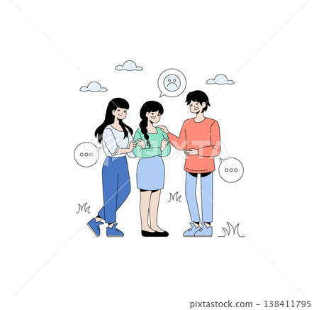 Vector illustration of three friends standing together, providing emotional support. Two friends comfort the third friend in the center, who appears to be feeling sad. 138411795