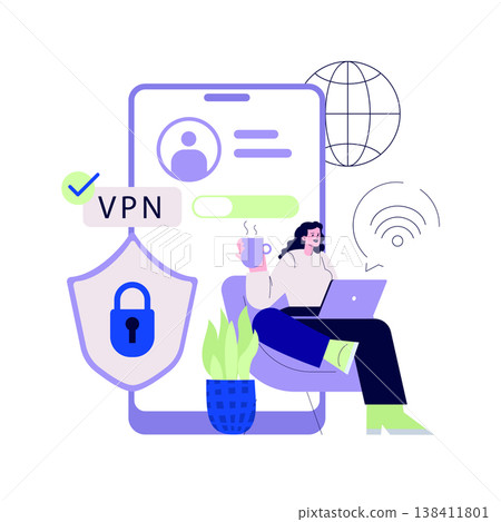 Vector illustration of a woman seated with a coffee cup, using a laptop with a VPN for secure browsing. Depicts online privacy and internet security measures in a digital environment. Vector illustration of a woman seated with a coffee cup, using a laptop with a VPN for secure browsing. Depicts online privacy and internet security measures in a digital environment. 138411801