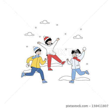 Children joyfully playing in the snow, engaging in a fun snowball fight. The illustration captures their excitement and winter attire, highlighting the festive winter atmosphere. Children joyfully playing in the snow, engaging in a fun snowball fight. The illustration captures their excitement and winter attire, highlighting the festive winter atmosphere. 138411807