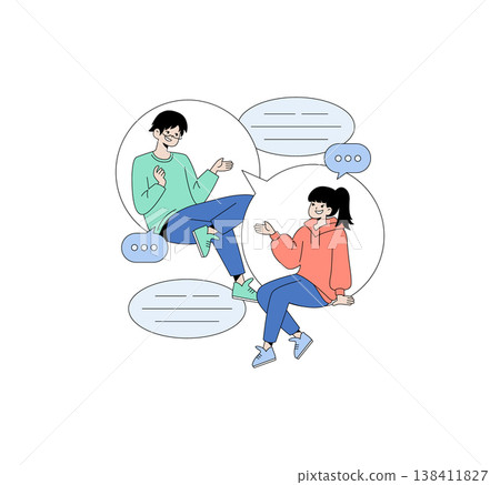 Vector illustration depicting a lively conversation between two animated individuals surrounded by speech bubbles. Expressions show playful interaction, capturing a moment of fun and connection. Vector illustration depicting a lively conversation between two animated individuals surrounded by speech bubbles. Expressions show playful interaction, capturing a moment of fun and connection. 138411827