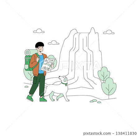 Adventurer enjoying a hike with a dog near a waterfall, using a map to navigate. Calm setting with nature around. Perfect for travel, exploration, and outdoor-themed designs. Adventurer enjoying a hike with a dog near a waterfall, using a map to navigate. Calm setting with nature around. Perfect for travel, exploration, and outdoor-themed designs. 138411830