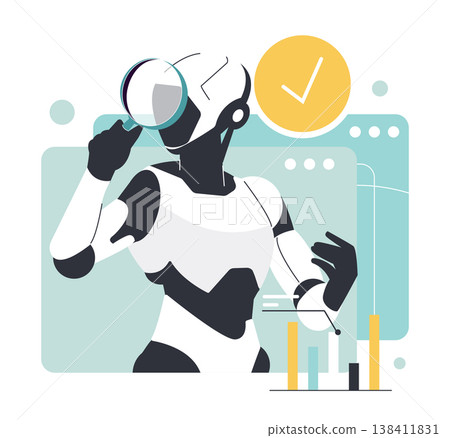 Vector illustration of a futuristic robot using a magnifying glass to analyze data. The concept highlights artificial intelligence and data analysis with vibrant graphics and charts. 138411831