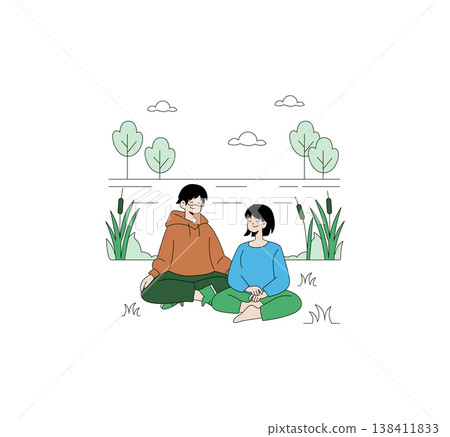 Vector illustration showing two people sitting in a meditative pose by a lake. They appear calm and relaxed. Surrounded by simple natural elements like trees and plants. 138411833