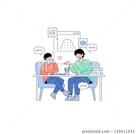 Vector illustration of two people engaged in a study session. They are seated at a table with open books, discussing concepts with charts and icons in the background, promoting teamwork and learning. 138411835