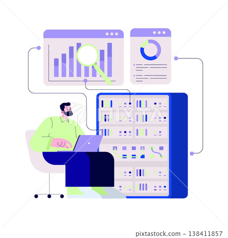 Vector illustration of a data analyst using a laptop to work with server data, graphs, and charts. The image highlights data management and analysis in a professional setting. 138411857
