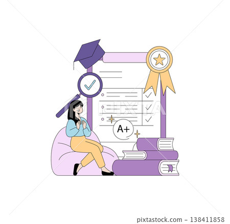 Illustrated student feeling proud and excited about receiving an A+ grade. The image features exam results, a stack of books, and a graduation cap, symbolizing educational success. 138411858