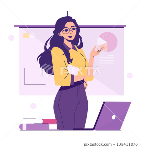 Vector illustration of a confident woman giving a business presentation. The image features a chart on a screen, a laptop, and books, conveying a professional setting. Vector illustration of a confident woman giving a business presentation. The image features a chart on a screen, a laptop, and books, conveying a professional setting. 138411870