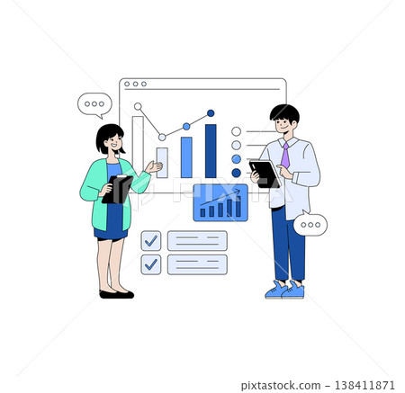 Vector illustration of two businesspeople reviewing market data on a large screen. They are analyzing charts and graphs, highlighting teamwork and collaboration in a business setting. 138411871
