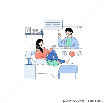 Vector illustration of a woman engaging in a video call from bed, smiling and waving at a person on a screen. A green cat relaxes beside her, creating a cozy atmosphere. Vector illustration of a woman engaging in a video call from bed, smiling and waving at a person on a screen. A green cat relaxes beside her, creating a cozy atmosphere. 138411872