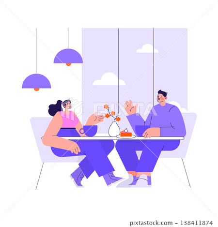 Vector illustration of two people having a friendly conversation in a cafe setting. They are seated across from each other, sharing smiles and gestures, creating a warm social atmosphere. Vector illustration of two people having a friendly conversation in a cafe setting. They are seated across from each other, sharing smiles and gestures, creating a warm social atmosphere. 138411874