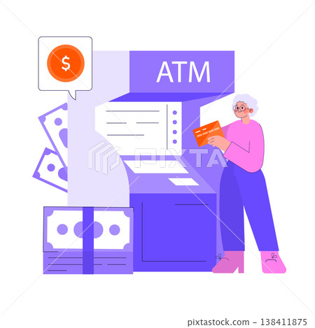 Elderly woman interacts with ATM, holding card and retrieving cash. Modern vector illustration highlights secure banking and financial transactions for senior customers. 138411875