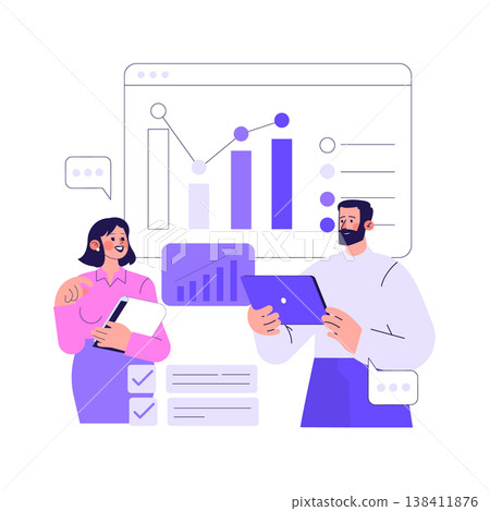Vector illustration of business colleagues discussing analytics, featuring charts and graphs. Man uses a tablet, while a woman holds a document, both engaged in a professional conversation. Vector illustration of business colleagues discussing analytics, featuring charts and graphs. Man uses a tablet, while a woman holds a document, both engaged in a professional conversation. 138411876