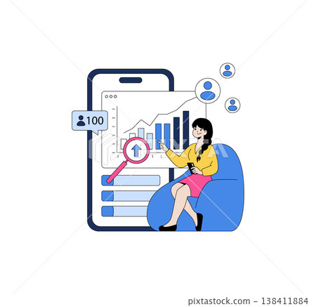 Vector illustration of a woman analyzing a growth chart on a mobile phone. She interacts with the data insights, highlighting social media progress and engagement statistics. Vector illustration of a woman analyzing a growth chart on a mobile phone. She interacts with the data insights, highlighting social media progress and engagement statistics. 138411884