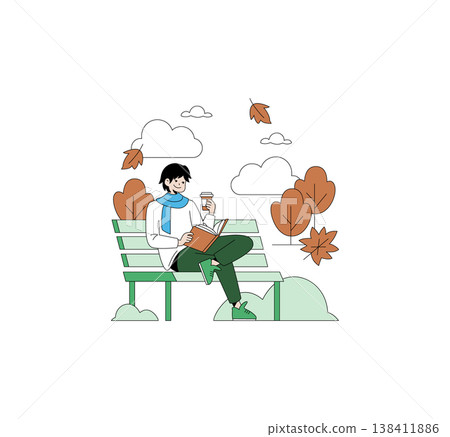 Vector illustration of a person relaxing on a bench, holding a coffee and enjoying a book amidst falling autumn leaves. The scene captures a peaceful autumn day outdoors. 138411886