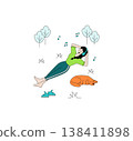 Woman lying on grass with headphones, listening to music, resting beside her sleeping dog in a park. Captures a serene moment in nature. Vector illustration style. 138411898