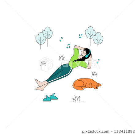 Woman lying on grass with headphones, listening to music, resting beside her sleeping dog in a park. Captures a serene moment in nature. Vector illustration style. Woman lying on grass with headphones, listening to music, resting beside her sleeping dog in a park. Captures a serene moment in nature. Vector illustration style. 138411898