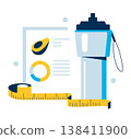 Fitness and nutrition concept with a focus on health, featuring a measuring tape, nutrition chart, and a water bottle. Vector illustration ideal for wellness and diet themes. 138411900