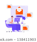 Vector illustration of a businessman at a desk sending emails on a computer. Surrounding icons indicate successful email dispatch. Ideal for themes of communication, technology, and business. 138411903