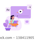 Young girl attentively watches an online lesson holding a tablet. Surrounded by educational icons, she explores learning opportunities digitally. Perfect for e-learning concepts and educational apps. 138411905