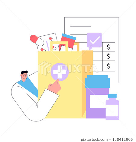 Vector illustration showing a healthcare professional with medical supplies. Includes a bag with a medical cross, pills, bottles, and a paper with pricing, highlighting healthcare and medication Vector illustration showing a healthcare professional with medical supplies. Includes a bag with a medical cross, pills, bottles, and a paper with pricing, highlighting healthcare and medication 138411906