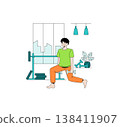 Vector illustration of a person performing a dumbbell lunge at home. The scene includes workout equipment and a relaxed expression, highlighting a home fitness routine. 138411907