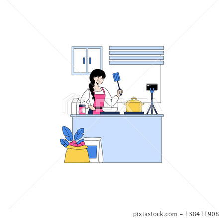 Woman preparing food in kitchen while filming with smartphone on tripod. She holds a spatula, wearing apron, surrounded by cooking ingredients. Perfect for culinary and vlogging themes. Woman preparing food in kitchen while filming with smartphone on tripod. She holds a spatula, wearing apron, surrounded by cooking ingredients. Perfect for culinary and vlogging themes. 138411908
