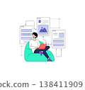 Young man sitting on a bean bag using a laptop, surrounded by digital interface elements. This vector illustration highlights remote work and modern technology in a relaxed setting. 138411909