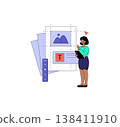 Woman holding a tablet and interacting with a digital layout for website design. The vector illustration shows her engaged in planning and organizing graphic elements creatively. 138411910