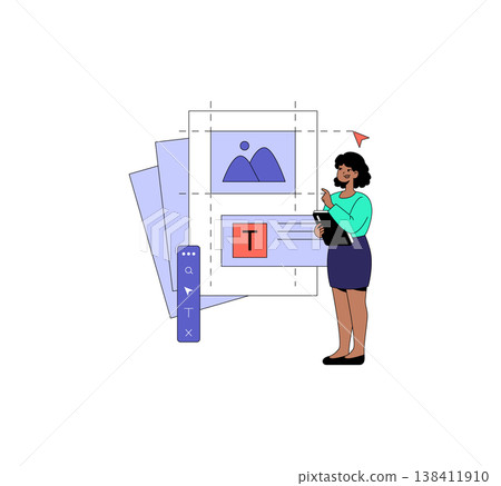 Woman holding a tablet and interacting with a digital layout for website design. The vector illustration shows her engaged in planning and organizing graphic elements creatively. Woman holding a tablet and interacting with a digital layout for website design. The vector illustration shows her engaged in planning and organizing graphic elements creatively. 138411910