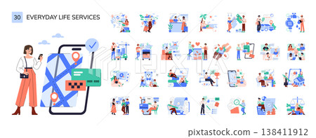 Vector illustration set depicting diverse everyday life services, including transportation, shopping, and communication. Features people interacting with smartphones and technology. Vector illustration set depicting diverse everyday life services, including transportation, shopping, and communication. Features people interacting with smartphones and technology. 138411912