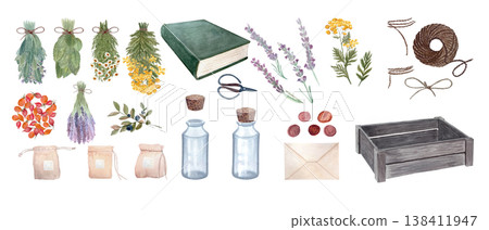 Watercolor herbal apothecary set with dried herbs, lavender, bottles, pouches, twine, wax seals and rustic botanical elements. Hand painted clipart for organic branding, labels, stationery, wellness. 138411947