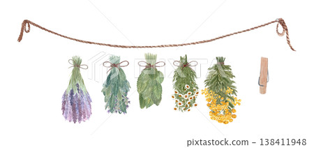 Watercolor dried herb bundle set with lavender, sage, mint, chamomile, yarrow, rope and clothespin. Hand painted botanical clipart collection for herbal branding, labels and rustic natural design. 138411948