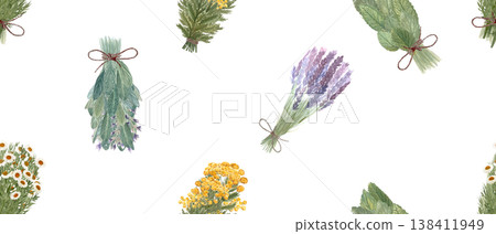 Herbal bundle seamless pattern with lavender, sage, chamomile on white background. Hand painted watercolor with wildflowers for fabric, wrapping paper, stationery, wallpaper, natural rustic design 138411949