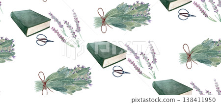 Book, lavender and herb bundle seamless pattern with scissors. Hand painted watercolor repeat for fabric, wrapping paper, stationery, wallpaper and rustic botanical surface design and paper packaging Book, lavender and herb bundle seamless pattern with scissors. Hand painted watercolor repeat for fabric, wrapping paper, stationery, wallpaper and rustic botanical surface design and paper packaging 138411950