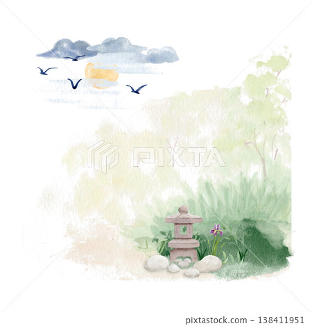 Watercolor Japanese garden with stone lantern, trees and birds, hand painted landscape illustration on white background. Zen nature scene ideal for decor, packaging, wallpaper, stationery, design use 138411951