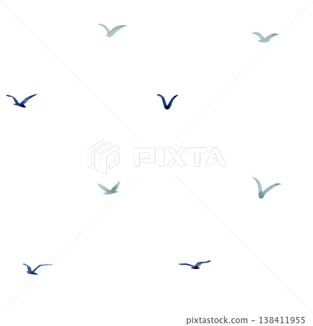 Minimal bird seamless pattern with flying silhouettes on white background, hand painted watercolor illustration. Light airy repeat design ideal for fabric, wallpaper, wrapping paper, packaging decor 138411955
