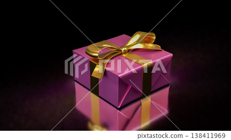 Luxury Pink Gift Box With Golden Ribbon On Dark Background 3d render. Luxury Pink Gift Box With Golden Ribbon On Dark Background 3d render. 138411969