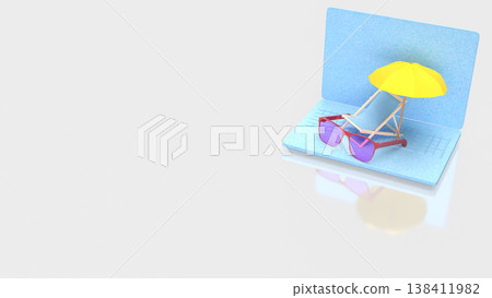 Summer Vacation Concept With Laptop Beach Scene 3d render. Summer Vacation Concept With Laptop Beach Scene 3d render. 138411982
