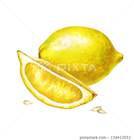Watercolor lemon fruit with juicy slice and seeds, isolated on white background. Illustration for lemonade or food design. Watercolor lemon fruit with juicy slice and seeds, isolated on white background. Illustration for lemonade or food design. 138412052