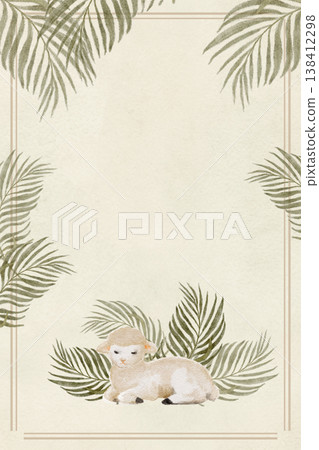 Poster template with lamb and palm leaves, hand-painted watercolor, calm Christian composition for Easter design, faith branding, textiles, packaging, stationery, seasonal backgrounds. Natural tones 138412298
