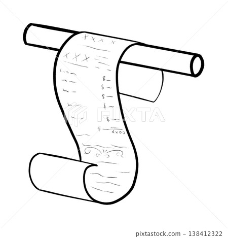 Scroll-like paper receipt attached to a rod cartoon outline illustration Scroll-like paper receipt attached to a rod cartoon outline illustration 138412322